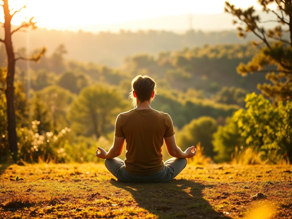 Stärke Dein Füllebewusstsein für ein reiches Leben 1 A serene, introspective landscape with a person meditating in a peaceful, sunlit clearing. The foreground features a person sitting cross-legged, their eyes closed in deep contemplation, radiating an aura of calm and inner focus. The middle ground showcases a lush, verdant forest, with gentle sunlight filtering through the canopy, creating a warm, inviting atmosphere. The background depicts a distant, rolling hillside, bathed in a soft, golden glow, evoking a sense of tranquility and wholeness. The scene is captured with a warm, natural color palette, and the lighting is soft and diffused, creating a sense of depth and atmosphere. The overall composition conveys a profound sense of inner fulfillment and the importance of cultivating a strong connection with one's inner self.