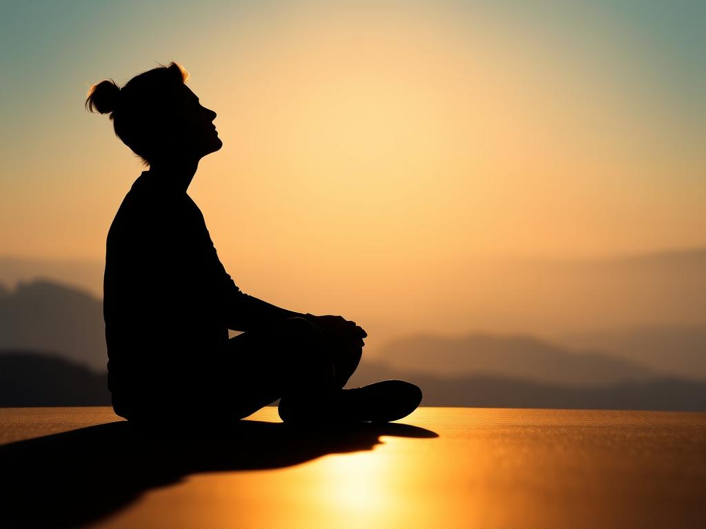 A serene, introspective scene of a person sitting cross-legged, lost in deep contemplation. Their silhouette is illuminated by a warm, golden light, casting a soft glow on their surroundings. The background is a tranquil, minimalist landscape, with subtle gradients of blues and grays, evoking a sense of inner peace and stillness. The person's gaze is turned inward, their expression calm and focused, as they engage in the process of self-reflection and journaling. The overall atmosphere is one of quiet, thoughtful introspection, inviting the viewer to pause and engage in their own journey of self-discovery.