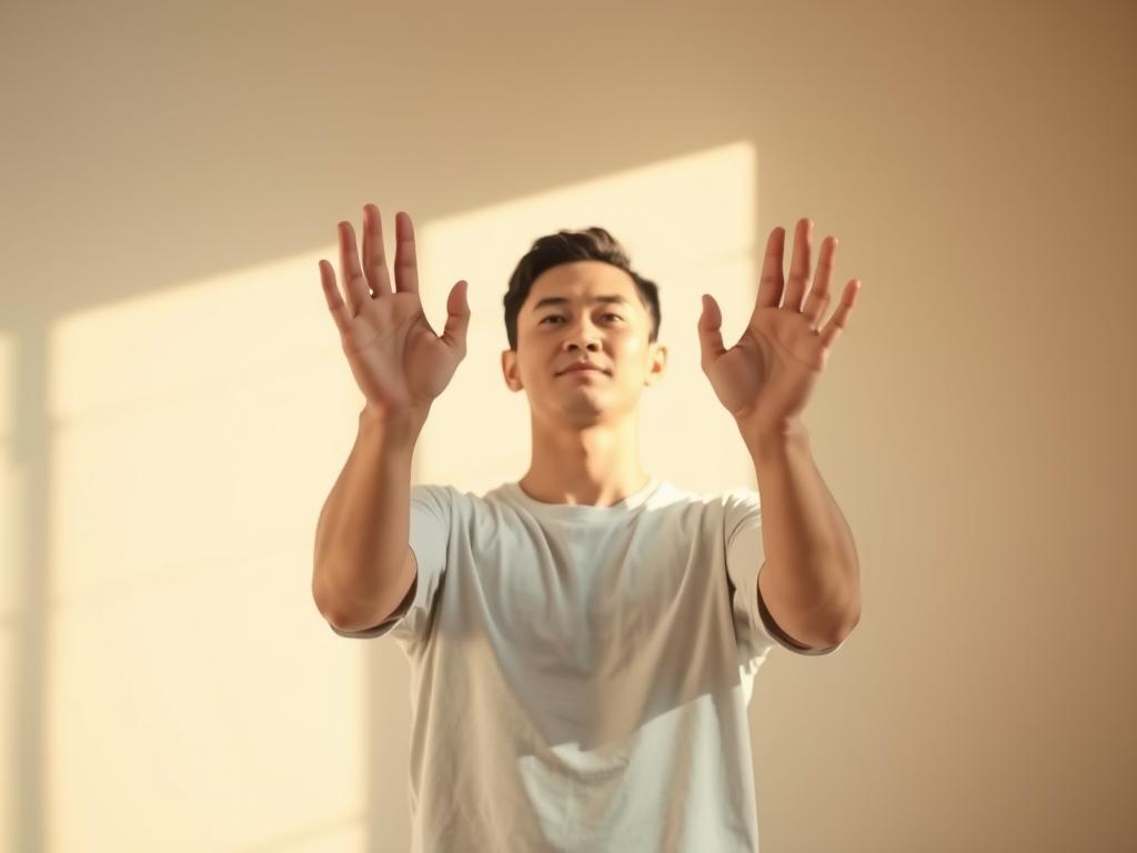 Positives Denken: Affirmationen Psychologie für Dich 2 A serene, introspective scene of a person standing confidently, palms facing upwards in a gesture of self-acceptance. Warm, natural lighting bathes the figure, casting a gentle glow. The background features a tranquil, minimalist setting with soft, muted colors, promoting a sense of inner peace and self-affirmation. The person's expression is one of calm determination, radiating a quiet strength and self-assurance. The overall composition creates a visually striking and emotionally resonant representation of the power of positive affirmations in everyday life.