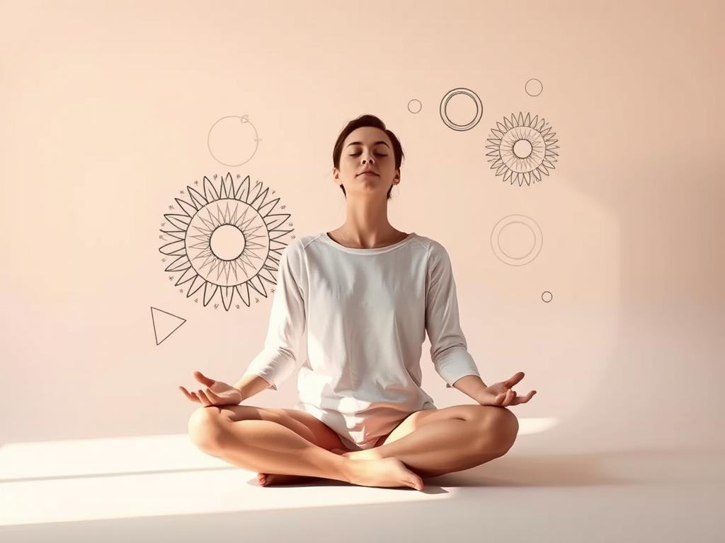 A serene, inward-focused self-reflection against a tranquil, pastel-toned background. A human figure sits cross-legged, eyes closed, palms upturned in a meditative pose, surrounded by abstract shapes and patterns suggesting the process of identifying one's innermost beliefs and thought patterns. Soft, diffused lighting casts a gentle glow, creating an atmosphere of introspection and self-discovery. The composition emphasizes balance, simplicity and a sense of calming introspection, reflecting the theme of uncovering one's core spiritual beliefs.