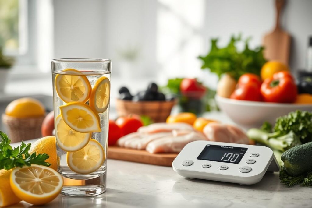 A serene kitchen scene with fresh vegetables, fruits, and a digital food scale on the counter, bathed in soft, natural lighting. In the foreground, a glass of water with lemon slices, symbolizing a healthy, low-calorie lifestyle. In the middle ground, a variety of lean protein sources, such as chicken breasts and fish fillets, arranged neatly. The background features a minimalist, airy space with hints of greenery, conveying a sense of balance and mindfulness. The overall mood is one of simplicity, discipline, and a focus on achieving calorie-conscious goals through a well-curated, nutritious diet. A serene kitchen scene with fresh vegetables, fruits, and a digital food scale on the counter, bathed in soft, natural lighting. In the foreground, a glass of water with lemon slices, symbolizing a healthy, low-calorie lifestyle. In the middle ground, a variety of lean protein sources, such as chicken breasts and fish fillets, arranged neatly. The background features a minimalist, airy space with hints of greenery, conveying a sense of balance and mindfulness. The overall mood is one of simplicity, discipline, and a focus on achieving calorie-conscious goals through a well-curated, nutritious diet.