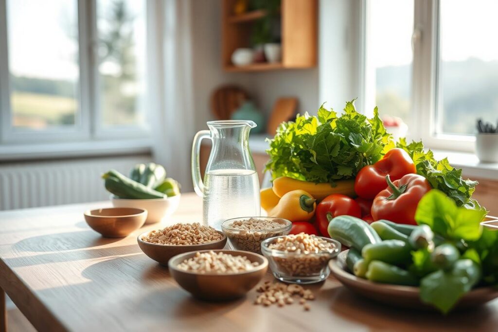 A serene kitchen table set with a variety of wholesome, nourishing foods - fresh vegetables, whole grains, and a pitcher of water. The scene is bathed in soft, natural light, creating a calm, contemplative atmosphere. In the background, a window overlooks a tranquil outdoor landscape, hinting at the restorative power of nature. The composition evokes a sense of balance, simplicity, and mindfulness - the essence of the "Heilfasten" fasting practice. The overall impression is one of wellness, renewal, and a journey towards a healthier self. A serene kitchen table set with a variety of wholesome, nourishing foods - fresh vegetables, whole grains, and a pitcher of water. The scene is bathed in soft, natural light, creating a calm, contemplative atmosphere. In the background, a window overlooks a tranquil outdoor landscape, hinting at the restorative power of nature. The composition evokes a sense of balance, simplicity, and mindfulness - the essence of the "Heilfasten" fasting practice. The overall impression is one of wellness, renewal, and a journey towards a healthier self.