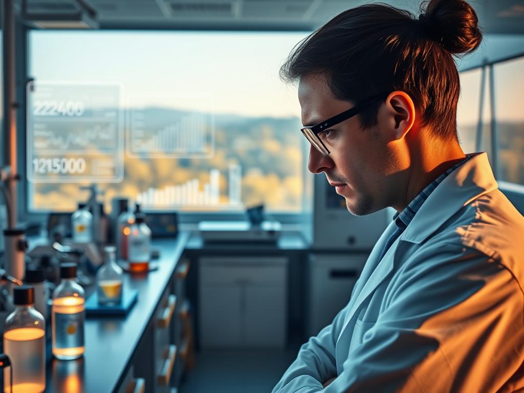 A serene laboratory setting with rows of scientific instruments and equipment, bathed in warm, natural lighting. In the foreground, a scientist in a pristine white lab coat examines a glowing test tube, deep in contemplation. The middle ground features an array of graphs, charts, and holographic displays, showcasing the latest findings in the field of healing and regenerative medicine. The background depicts a panoramic view of a verdant, lush landscape, symbolizing the harmony between science and nature. The overall mood is one of focus, discovery, and a sense of hopeful wonder, reflecting the pursuit of scientific understanding to unlock the secrets of healing.