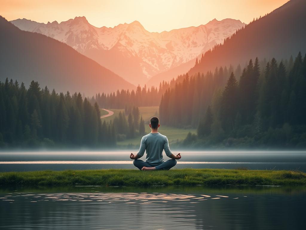 A serene landscape at dawn, with a lone figure seated in a lotus position, eyes closed, hands resting peacefully in their lap. The foreground features a tranquil lake, its surface reflecting the warm hues of the rising sun. The middle ground showcases a lush, verdant forest, with towering trees and a winding path leading towards the meditating figure. In the background, majestic snow-capped mountains stand tall, their peaks bathed in the soft, golden light. The atmosphere is one of profound stillness and inner focus, conveying the essence of "Achtsamkeit in der Meditation" - the conscious awareness and control of one's thoughts, as a path to greater success and fulfillment.