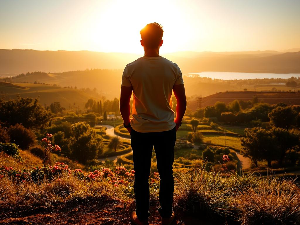 Stärke finden: Grenzen setzen in Beziehungen 3 A serene landscape bathed in warm golden light, capturing the essence of personal growth. In the foreground, a person stands in contemplation, their silhouette casting a resolute shadow. The middle ground reveals a lush garden, its vibrant colors and meandering paths symbolizing the journey of self-discovery. In the distance, rolling hills and a tranquil lake reflect the tranquility and clarity that comes from embracing one's inner potential. The scene evokes a sense of introspection, inviting the viewer to connect with their own capacity for self-empowerment and transformation.