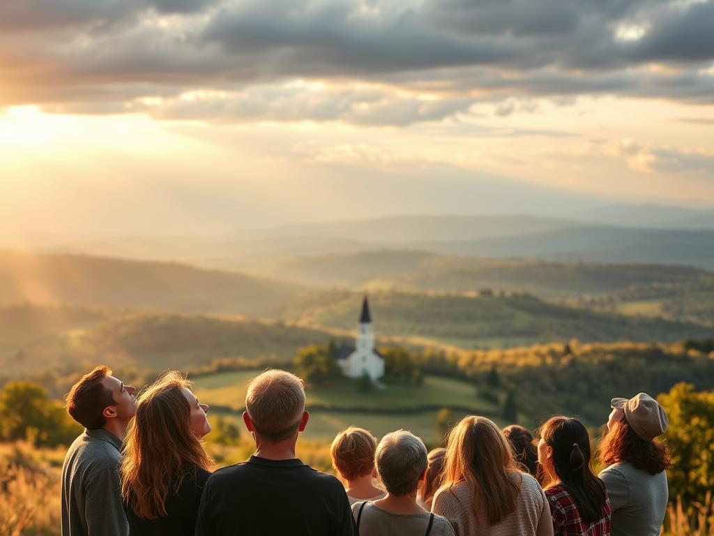 Wunder durch Glaubensstärke 3 A serene landscape bathed in warm, golden light. In the foreground, a group of people stands in a contemplative circle, faces turned upward as if in prayer or deep reflection. Their expressions radiate a sense of wonder and inner peace. In the middle ground, a small church or chapel emerges, its steeple reaching towards the heavens. The background is filled with rolling hills, lush greenery, and a vast, cloudy sky that seems to stretch endlessly. The overall scene conveys a sense of spiritual connection, faith, and the miraculous unfolding of "Glaubensgeschichten" - stories of belief and the power of the divine.