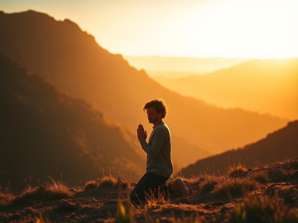 Glaube in schwierigen Zeiten: Kraft & Hoffnung 3 A serene landscape bathed in warm, golden light. In the foreground, a lone figure kneels in prayer, their hands clasped, face uplifted with a look of profound faith and inner strength. The middle ground reveals a rugged, mountainous terrain, symbolic of the challenges and adversities faced in life. In the distance, a glowing horizon, signifying hope and the resilience that emerges from deep-rooted spiritual beliefs. The scene conveys a sense of tranquility, introspection, and the unwavering spirit that can be found in the most difficult of times.