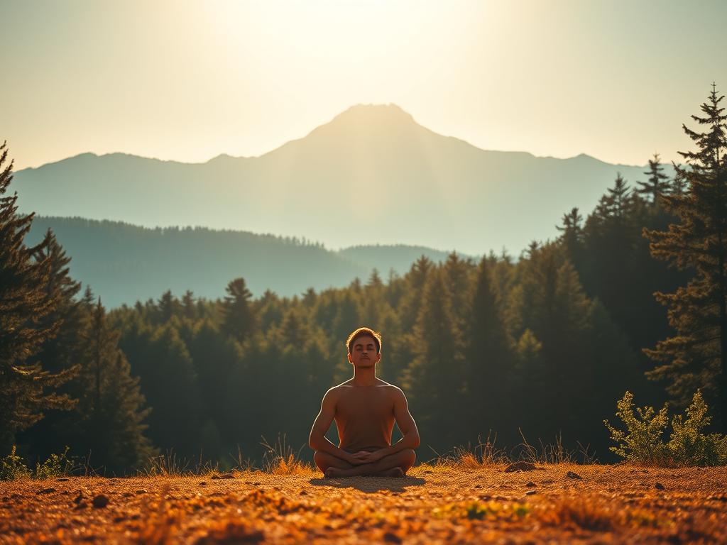 Glaube in schwierigen Zeiten: Kraft & Hoffnung 2 A serene landscape bathed in warm, golden light. In the foreground, a solitary figure sits cross-legged, eyes closed in deep meditation, radiating a sense of inner peace and spiritual connection. The middle ground features a lush, verdant forest, the trees swaying gently in a soft breeze. In the distance, a picturesque mountain range rises, its peaks capped with pristine snow, symbolizing the journey to higher states of consciousness. The overall mood is one of tranquility, contemplation, and the discovery of hidden strength and hope within the challenges of life.