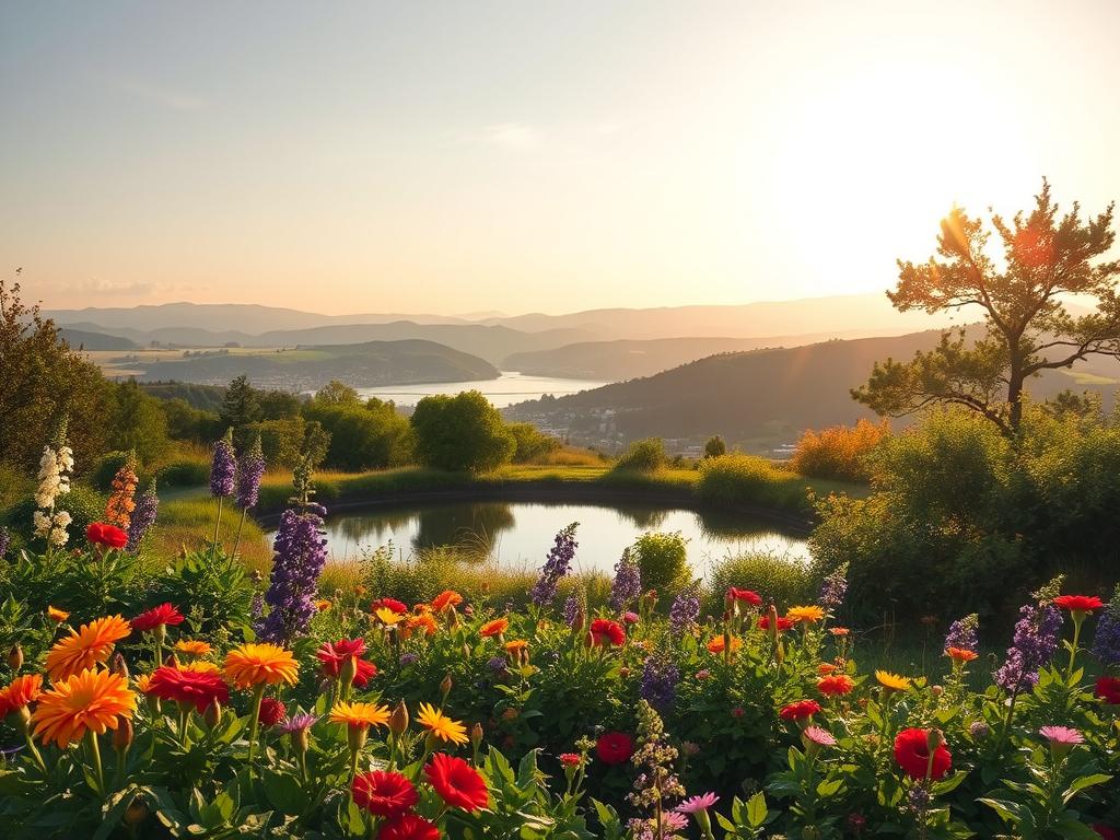 A serene landscape depicting the "Auswirkungen positives Mindset". In the foreground, a flourishing garden with vibrant flowers and lush greenery, symbolizing the growth and abundance that a positive mindset can cultivate. In the middle ground, a tranquil pond reflects the clear sky above, conveying a sense of inner peace and clarity. In the background, rolling hills and distant mountains bathed in warm, golden light, suggesting the far-reaching, expansive potential that a positive mindset can unlock. The scene is illuminated by soft, natural lighting, creating a calming, inviting atmosphere. The overall composition evokes a feeling of harmony, progress, and the transformative power of a positive mindset.