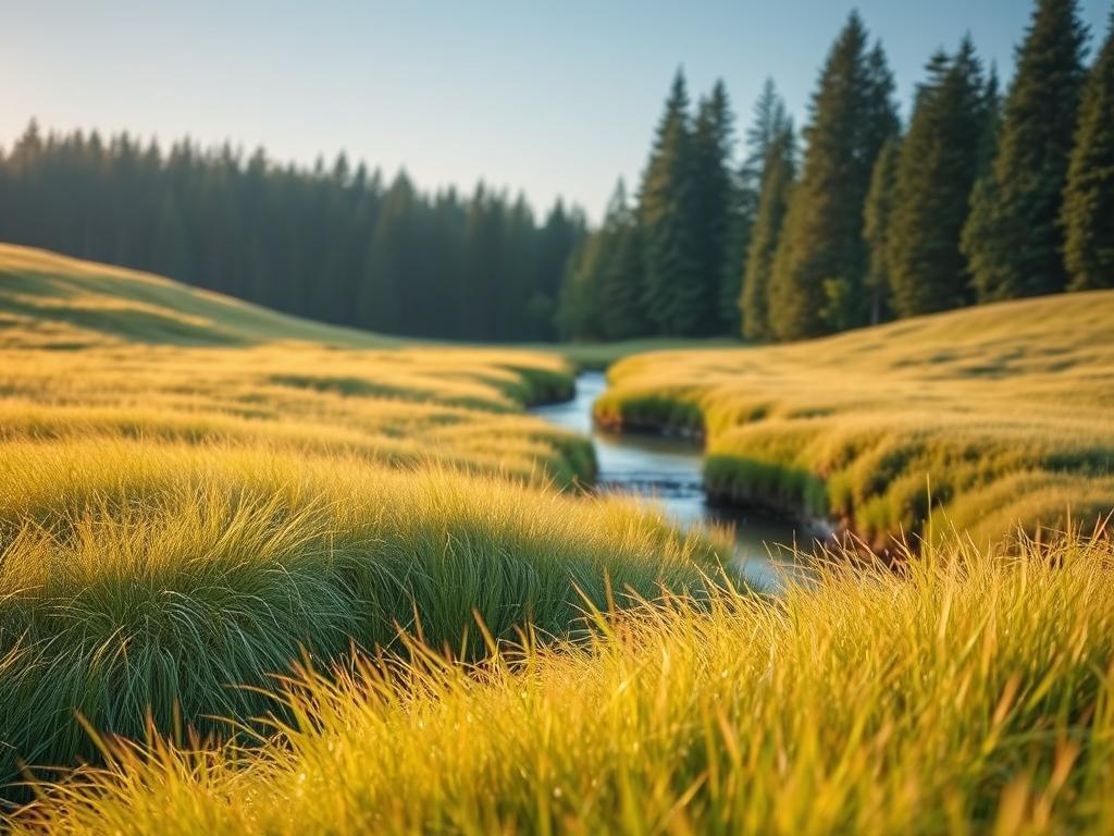 A serene landscape featuring a lush, rolling meadow in the foreground. Tall, swaying grasses in shades of green and gold create a sense of tranquility. In the middle ground, a small brook flows gently, its calming waters reflecting the blue sky above. On the horizon, a forest of towering evergreen trees creates a peaceful backdrop. Soft, diffused lighting bathes the scene in a warm, golden glow, evoking a sense of emotional stability and stress reduction. The overall composition conveys a feeling of inner calm and mental clarity.