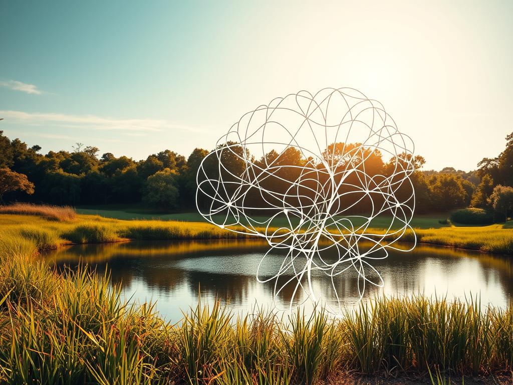 Bewusstes Denken trainieren für ein erfülltes Leben 1 A serene landscape of a contemplative mind, illuminated by a warm, natural light. In the foreground, an intricate web of thought patterns swirls and interconnects, representing the active, conscious process of thinking. The middle ground features a tranquil pond, its reflective surface mirroring the internal world of the mind. In the background, lush, verdant foliage and a clear, open sky symbolize the expansiveness and clarity of awareness. The overall composition conveys a sense of balance, focus, and the profound depth of conscious thought.