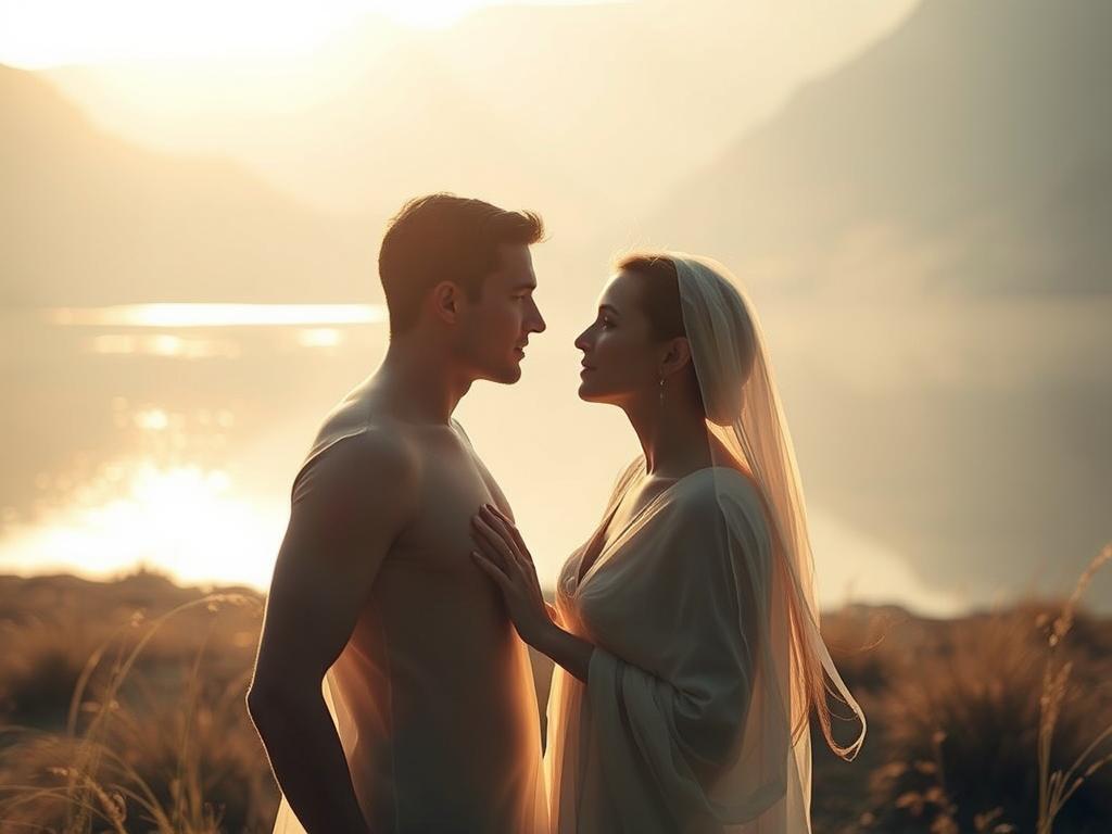 Seelengefährten finden: Verbindung auf Seelenebene 2 A serene landscape, where two souls seem to be in deep conversation, their eyes locked in a profound gaze. Soft, warm lighting bathes the scene, casting a golden glow that highlights the ethereal connection between them. In the background, a tranquil body of water reflects the scene, creating a sense of harmony and inner peace. The figures stand close, their auras intertwining, as if they are sharing a profound moment of understanding and resonance on a deeper level. The mood is one of tranquility, intimacy, and a palpable feeling of a soulful bond that transcends the physical plane.