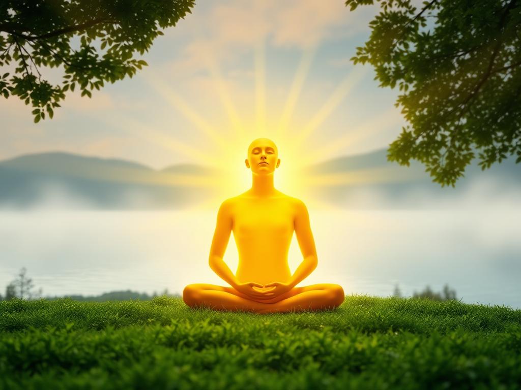 Aktiviere Selbstheilung: Meditation Selbstheilungskräfte Aktivieren 1 A serene landscape with a glowing, golden-hued figure at the center, radiating a sense of inner strength and vitality. The figure sits in a meditative pose, eyes closed, hands resting gently on their lap. Subtle beams of light emanate from the figure, illuminating the lush, verdant surroundings. In the background, a tranquil lake reflects the sky, adding to the calming atmosphere. Soft, diffused lighting creates a warm, inviting ambiance, emphasizing the idea of self-healing and the activation of one's inherent restorative powers.