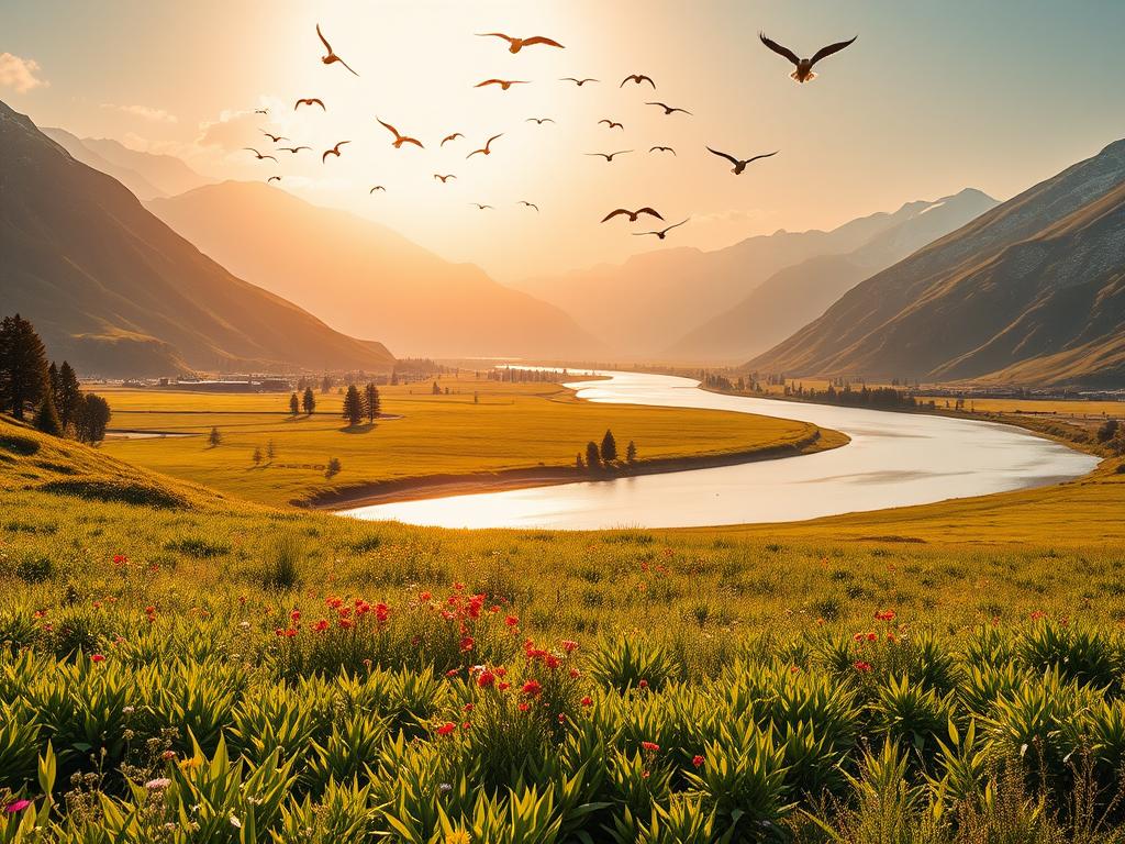 Stärke dein Geldbewusstsein – Finanzielle Freiheit 2 A serene landscape with a lush, verdant meadow in the foreground, dotted with vibrant wildflowers. In the middle ground, a winding river reflects the golden rays of the sun, its gentle movement symbolizing the flow of financial abundance. Towering, snow-capped mountains rise majestically in the background, their peaks reaching towards the sky, representing the limitless potential of financial freedom. The scene is bathed in warm, natural lighting, creating a sense of peace and harmony. A flock of birds soars overhead, conveying the feeling of liberation and unbounded possibilities. This idyllic setting encapsulates the advantages of a strong financial mindset, where financial security and personal fulfillment coexist in perfect harmony.