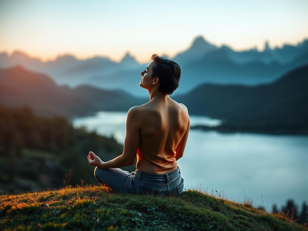 A serene landscape with a person sitting in a meditative pose, eyes closed, on a grassy knoll overlooking a peaceful lake. Soft, warm lighting illuminates the scene, casting a glow on the person's face and the surrounding nature. In the distance, mountains rise up, their peaks shrouded in mist, creating a sense of tranquility and introspection. The person's posture and expression convey a deep sense of self-reflection and inner calm, mirroring the tranquil environment. The composition is balanced, with the person positioned in the foreground, the lake and mountains in the middle ground, and the sky serving as the background, creating a sense of depth and harmony.