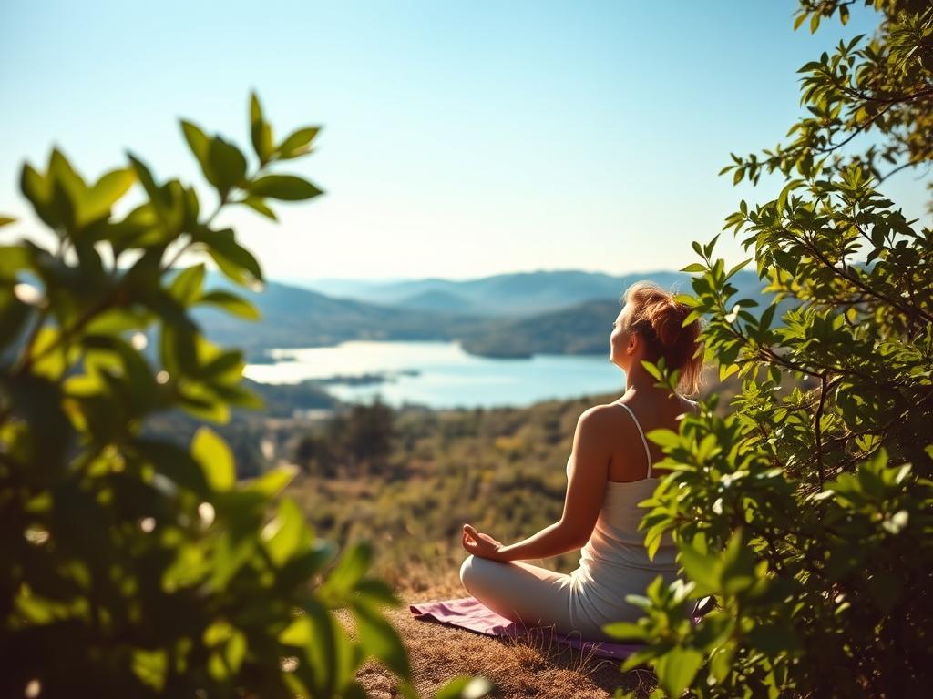 Bewusstes Denken trainieren für ein erfülltes Leben 2 A serene landscape with a person sitting in a yoga pose, eyes closed, deeply focused on their breath. The foreground features lush, verdant foliage with sunlight filtering through the leaves, creating a warm, calming atmosphere. In the middle ground, a tranquil lake reflects the surrounding nature, its surface unrippled. The background showcases rolling hills and a clear, blue sky, conveying a sense of vastness and peace. Soft, diffused lighting bathes the scene, creating a sense of harmony and balance. The overall mood is one of mindfulness, relaxation, and the power of conscious thought to cultivate a fulfilling life.