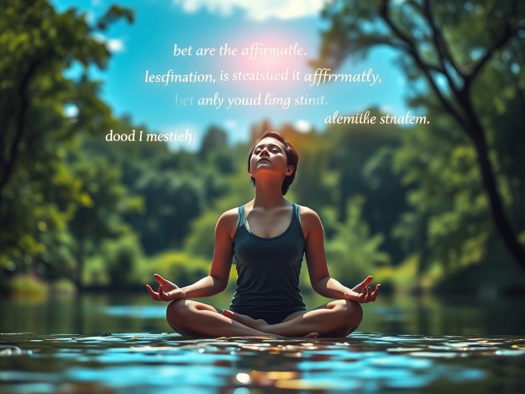 A serene landscape, with a tranquil pond reflecting the sky above. In the foreground, a person sits in a meditative pose, their eyes closed in deep concentration. Floating above them, luminous affirmations emerge from their subconscious, casting a warm, ethereal glow. The background is a lush, verdant forest, with dappled sunlight filtering through the canopy. The scene conveys a sense of inner peace, the power of the mind, and the transformative potential of positive self-talk. Soft, diffused lighting and a shallow depth of field create a dreamlike, introspective atmosphere.