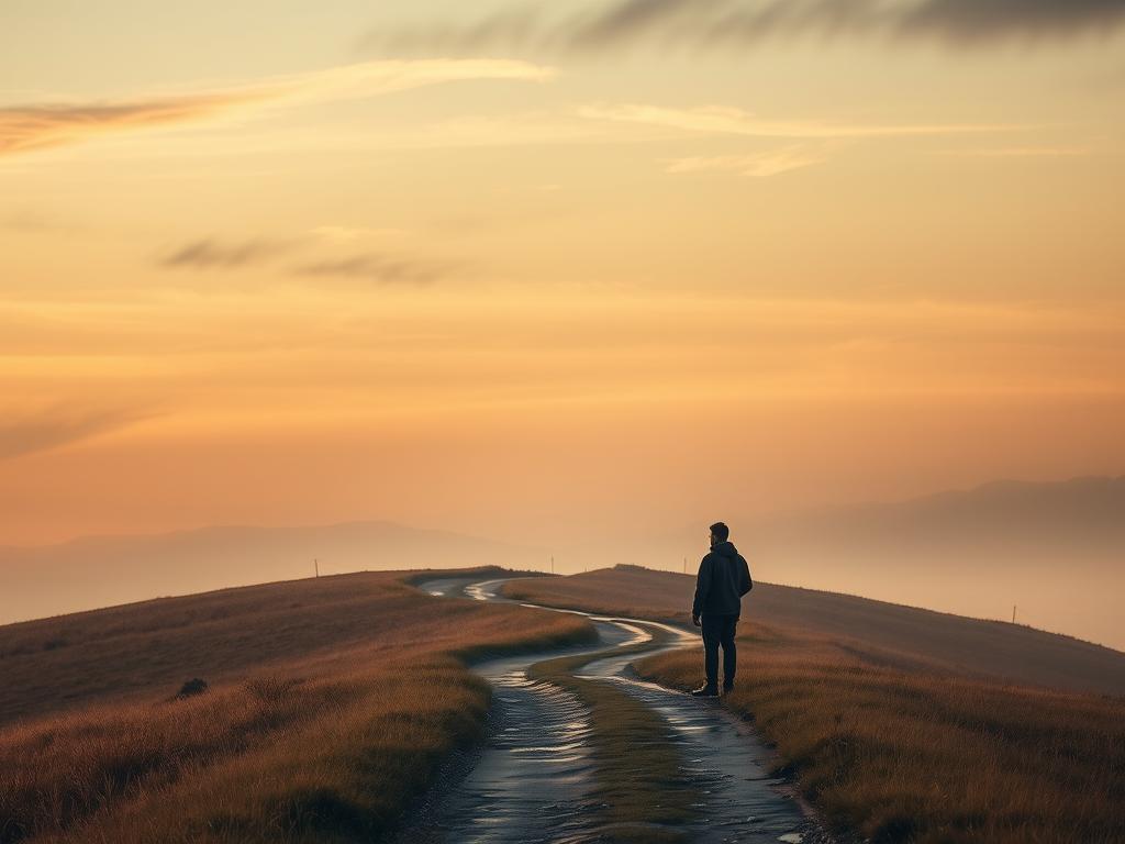 Neuer Glaube, neues Leben: Entfache deine Seele 3 A serene landscape with a winding path leading into the distance, the sky a soft blend of warm hues. In the foreground, a figure stands at a crossroads, pondering the challenges that lie ahead on their journey of faith. The path divides, one route seemingly more well-trodden, the other overgrown with uncertainties. A sense of introspection and contemplation permeates the scene, as the traveler grapples with the transformative changes that await. Diffused lighting casts a tranquil glow, while wispy clouds add a touch of ethereal mystery. The overall mood is one of peaceful introspection, capturing the pivotal moment when a new belief takes root and the soul embarks on a transformative path.