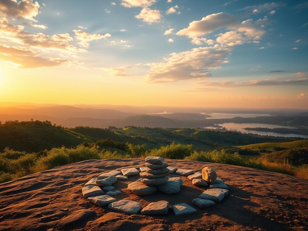Fülle durch Glaubenssätze 3 A serene landscape with rolling hills and a vast sky, bathed in a warm, golden light. In the foreground, a group of stones or crystals arranged in a meditative circle, representing foundational "Glaubenssätze" or beliefs. The middle ground features lush, verdant vegetation, symbolizing abundance and growth. In the distance, a tranquil lake or river reflects the scene, creating a sense of depth and harmony. The overall atmosphere is one of introspection, balance, and the manifestation of inner abundance through the power of transformative beliefs.