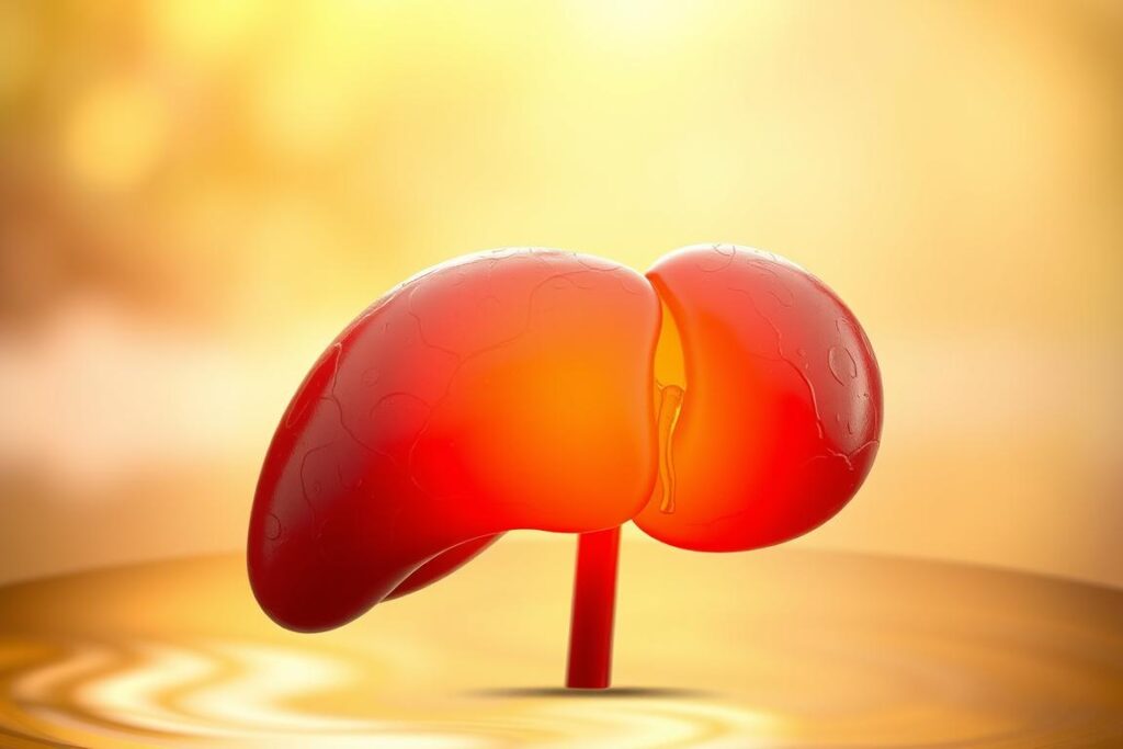 A serene liver against a soft, warm-toned backdrop. In the foreground, the liver appears clean and rejuvenated, glowing with a healthy, vibrant hue. Subtle detoxifying elements, such as herbal extracts or detoxifying liquids, surround the organ, symbolizing the purification process. The middle ground features a soothing, natural setting, perhaps with lush greenery or a calming water source, conveying a sense of balance and harmony. The background is softly blurred, creating a sense of depth and focus on the central liver image. The overall composition and lighting evoke a sense of tranquility, wellness, and the body's natural ability to heal and restore itself. A serene liver against a soft, warm-toned backdrop. In the foreground, the liver appears clean and rejuvenated, glowing with a healthy, vibrant hue. Subtle detoxifying elements, such as herbal extracts or detoxifying liquids, surround the organ, symbolizing the purification process. The middle ground features a soothing, natural setting, perhaps with lush greenery or a calming water source, conveying a sense of balance and harmony. The background is softly blurred, creating a sense of depth and focus on the central liver image. The overall composition and lighting evoke a sense of tranquility, wellness, and the body's natural ability to heal and restore itself.