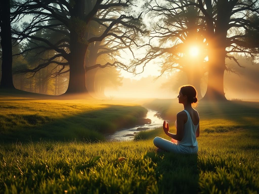 Heilung durch spirituelles Vertrauen – Finden Sie Kraft 2 A serene meadow at dawn, sunlight filtering through the mist. In the foreground, a figure sits cross-legged, hands resting gently on their lap, eyes closed in deep meditation. Wisps of energy emanate from their body, the air charged with a palpable sense of spiritual connection. In the middle ground, a small stream winds its way through the verdant landscape, its gentle gurgling a soothing backdrop. Towering, ancient trees line the horizon, their branches reaching skyward, creating a cathedral-like canopy. The atmosphere is one of tranquility and healing, inviting the viewer to find solace and strength in the power of spiritual trust.