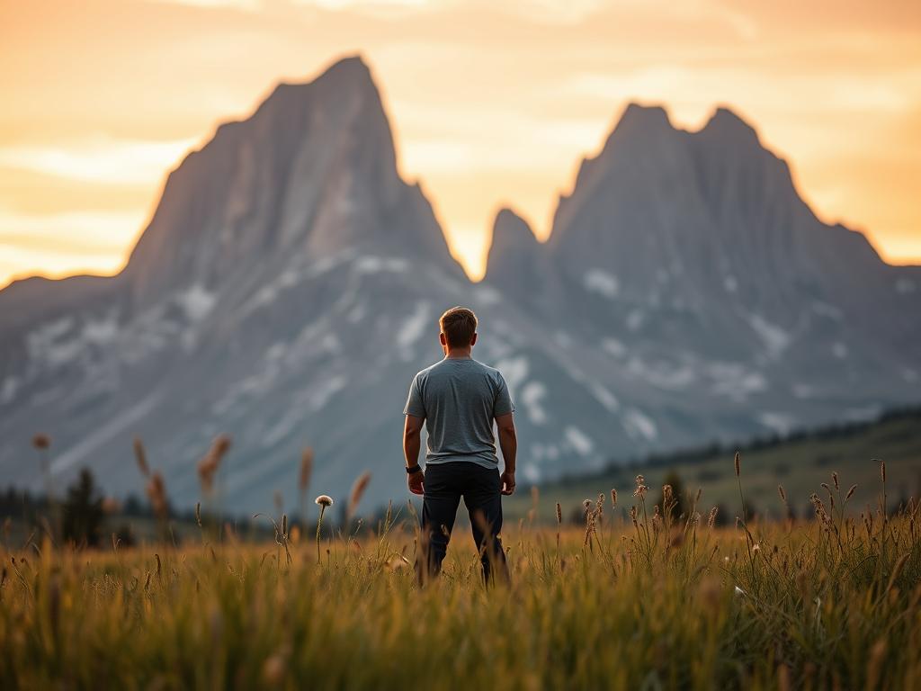 Gewohnheiten verändern Anleitung – Starte Jetzt! 3 A serene meadow at sunset, a person standing tall and resolute, facing a tall, rugged mountain range. The sky is ablaze with warm hues, casting a soft glow over the scene. In the foreground, lush grasses and wildflowers sway gently in a light breeze. The person's expression is one of determination, their stance strong and unwavering, as they confront the challenges represented by the towering peaks. The image conveys a sense of overcoming adversity, of finding the inner strength to surmount obstacles and emerge stronger. Soft, golden lighting illuminates the scene, creating a hopeful, inspirational atmosphere.