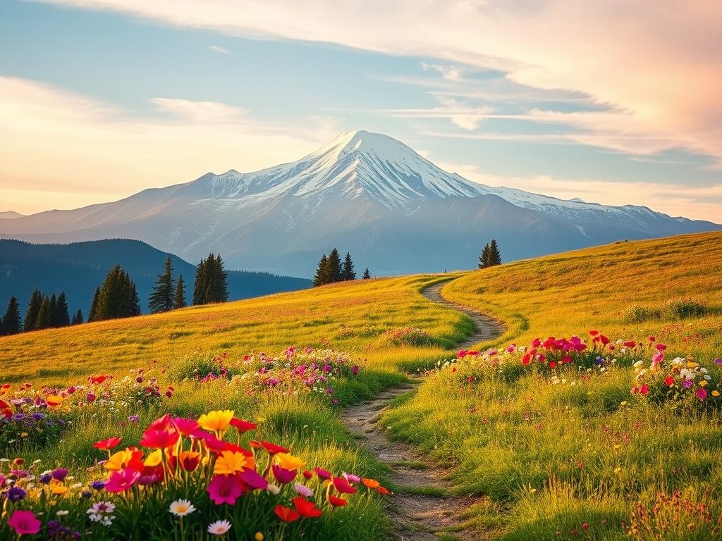 Glaube an Visionen – Entfalte Dein Potenzial 4 A serene meadow bathed in a soft, warm light, with a vibrant, colorful flower garden in the foreground. In the middle ground, a path winds through the landscape, leading the eye towards a majestic, snow-capped mountain range in the distance. The scene exudes a sense of tranquility and possibility, reflecting the power of positive thinking and the potential for personal growth. The composition is balanced and harmonious, with a focus on the beauty and wonder of the natural world. The overall atmosphere is one of hope, inspiration, and the realization of one's dreams.