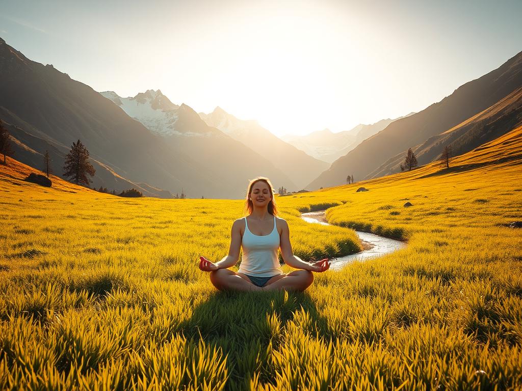 Stärke Deinen Geist: Mentale Stärke durch Glaube 3 A serene meadow bathed in warm, golden sunlight. In the foreground, a person sitting cross-legged in a peaceful meditation pose, their eyes closed and face radiating a sense of inner calm. In the middle ground, a small stream winds its way through the lush, verdant grass, symbolizing the flow of life. Behind them, towering mountains with snow-capped peaks reach towards the heavens, evoking a feeling of awe and tranquility. The overall atmosphere conveys a deep sense of mental and spiritual rejuvenation, where the individual has found solace and strength in the beauty of the natural world.