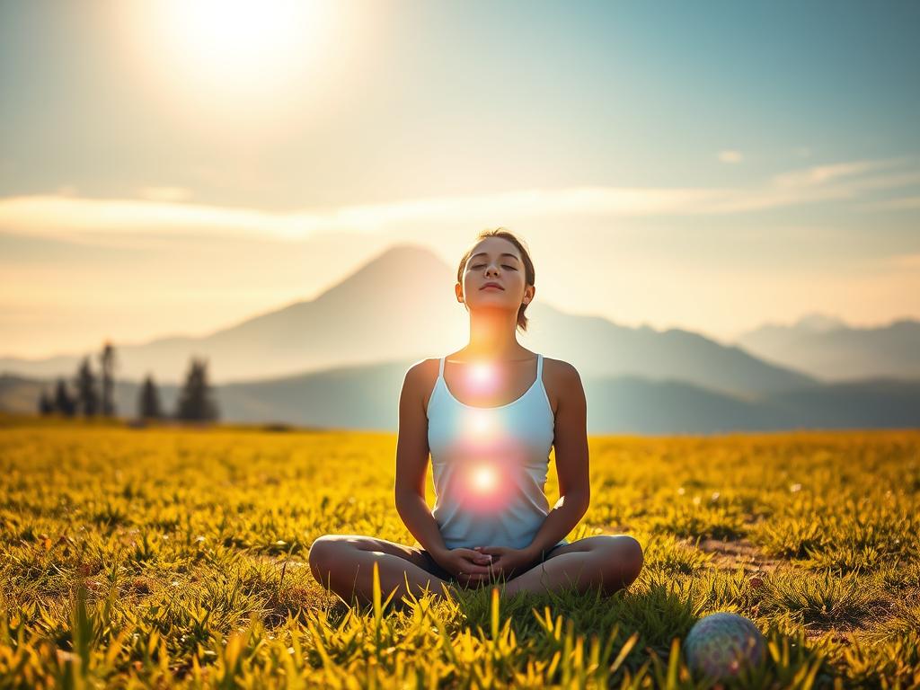 Selbstheilung durch Glaube – Dein Weg zu innerer Stärke 4 A serene meadow bathed in warm sunlight, with a person sitting cross-legged in the foreground, eyes closed and hands resting gently on their lap. In the middle ground, a glowing energy field emanates from their body, pulsing with vibrant hues. In the background, a majestic mountain range stands tall, its peaks kissed by wispy clouds. The scene conveys a sense of inner peace, personal transformation, and the power of self-healing through faith and spiritual connection.