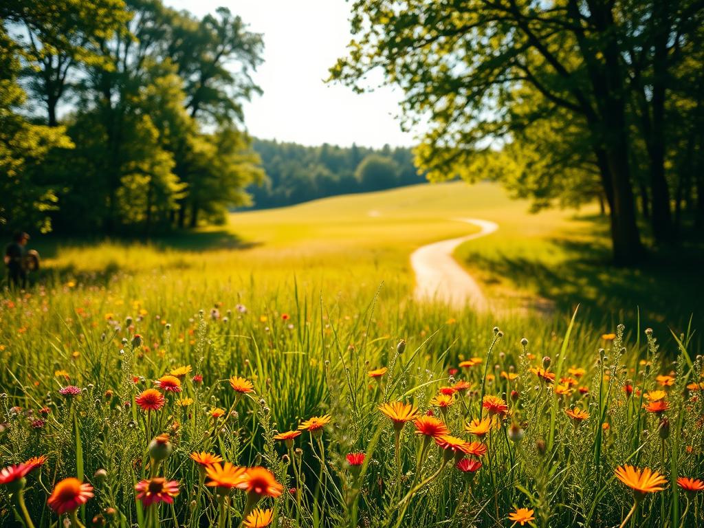 Stärke Deinen Geist: Mindset Übungen für Alltag 3 A serene meadow on a sunny day, lush with vibrant wildflowers in the foreground. In the middle ground, a winding path leads towards a gentle rolling hill, softly illuminated by warm natural light. In the distance, a tranquil forest frames the scene, its verdant canopy casting dappled shadows. A sense of calm and introspection permeates the atmosphere, inviting the viewer to reflect on their personal growth and development. The composition is balanced and harmonious, conveying a sense of peace and inner clarity. A cinematic, wide-angle lens captures the scene with a shallow depth of field, drawing the eye towards the central path and the serene, contemplative mood.
