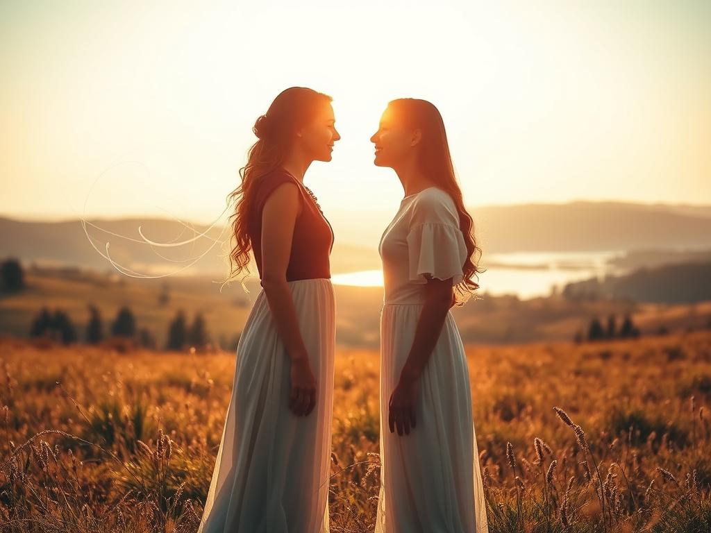 Seelenpartner finden Affirmationen für tiefe Liebe 3 A serene meadow with a soft, golden glow illuminating the scene. In the foreground, two figures stand face-to-face, their souls deeply entwined, gazing into each other's eyes with a profound connection. Wispy, ethereal energy swirls around them, creating an aura of spiritual harmony. The background features a picturesque landscape, with rolling hills, a distant forest, and a tranquil lake reflecting the sky's warm hues. The lighting is soft and diffused, casting a dreamlike, romantic atmosphere. The composition is balanced and symmetrical, emphasizing the unity and harmony between the two figures. The overall mood is one of deep, soulful understanding and the meeting of kindred spirits.