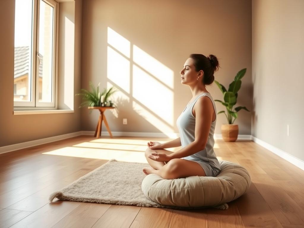 Glaubensarbeit im Alltag: Finde Deine Mitte 1 A serene meditation room with natural light filtering through large windows, casting a warm glow upon a person sitting cross-legged on a plush cushion, eyes closed, palms resting gently on their lap. The space is minimalist, with muted earth-toned walls and a wooden floor. A simple altar with a candle, crystal, and small plant stands in the corner, creating a tranquil atmosphere. The angle is slightly elevated, capturing the peaceful moment of mindfulness and introspection, representing the "Achtsamkeit in der spirituellen Praxis" in the context of the article's section on practical everyday tips.