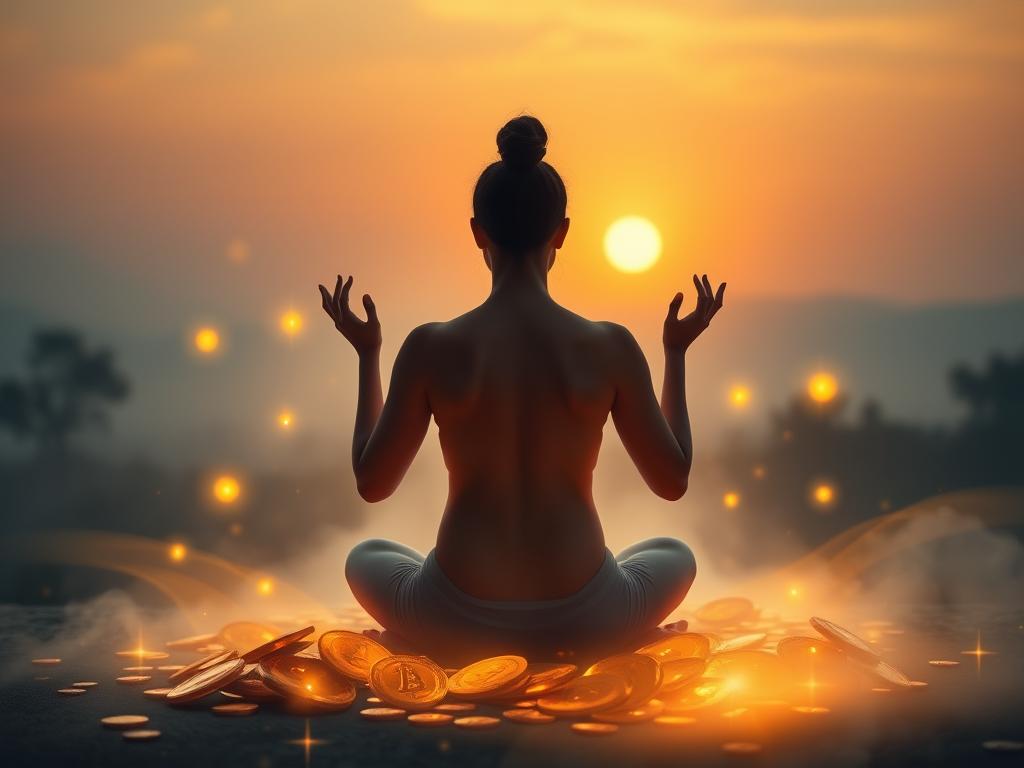 Geldblockaden auflösen: Dein Weg zu finanzieller Freiheit 3 A serene meditation scene with a person sitting in a lotus position, hands in a mudra, surrounded by glowing golden coins and energy fields. The lighting is soft and diffused, creating a calming, introspective atmosphere. In the background, a hazy, dreamlike landscape with a sunset sky and silhouettes of trees or mountains. The overall composition conveys a sense of inner peace, financial clarity, and the dissolution of monetary blockages through mindful practices.