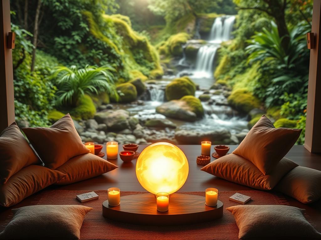 Stärke Deinen Geist: Mentale Stärke durch Glaube 2 A serene meditation space with a focal point of a glowing crystal sphere surrounded by natural elements. In the foreground, a wooden meditation bench and plush cushions invite the viewer to sit and reflect. The middle ground features candles, incense, and scattered affirmation cards. The background depicts a lush, verdant landscape with a calming stream and cascading waterfall, bathed in soft, warm lighting to create a tranquil, spiritual atmosphere. The overall scene conveys a sense of inner peace, mindfulness, and the power of personal rituals to strengthen one's faith and mental well-being.