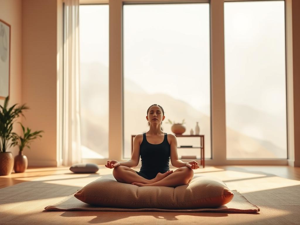 Entdecke Heilung: Geführte Meditation Selbstheilung 3 A serene meditation studio with warm, diffused lighting and calming, earthy tones. In the foreground, a person sits cross-legged on a plush cushion, their eyes closed in deep concentration. Soft sunlight filters through large windows, casting gentle shadows. Minimalist decor, such as a potted plant and a small altar, create a peaceful ambiance. The background features abstract, soothing visuals, perhaps a nature scene or a soft gradient, to aid in relaxation and focus. The overall atmosphere is one of tranquility, inviting the viewer to join in the guided meditation experience.