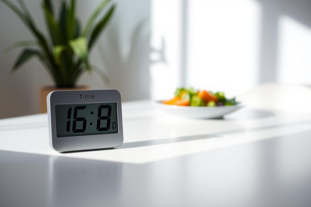 A serene, minimalist composition capturing the essence of "16 8 Fasten Abnehmen". In the foreground, a simple digital timer displays the numbers "16 8", representing the fasting schedule. The timer is placed on a clean, white surface, illuminated by soft, natural lighting from the side. In the middle ground, a plate with a fresh, vibrant salad symbolizes the healthy eating habits associated with this approach. The background is blurred, creating a calming, meditative atmosphere, allowing the viewer to focus on the core elements of the fasting regimen. The overall scene conveys a sense of simplicity, balance, and the promise of personal well-being through disciplined self-care. A serene, minimalist composition capturing the essence of "16 8 Fasten Abnehmen". In the foreground, a simple digital timer displays the numbers "16 8", representing the fasting schedule. The timer is placed on a clean, white surface, illuminated by soft, natural lighting from the side. In the middle ground, a plate with a fresh, vibrant salad symbolizes the healthy eating habits associated with this approach. The background is blurred, creating a calming, meditative atmosphere, allowing the viewer to focus on the core elements of the fasting regimen. The overall scene conveys a sense of simplicity, balance, and the promise of personal well-being through disciplined self-care.