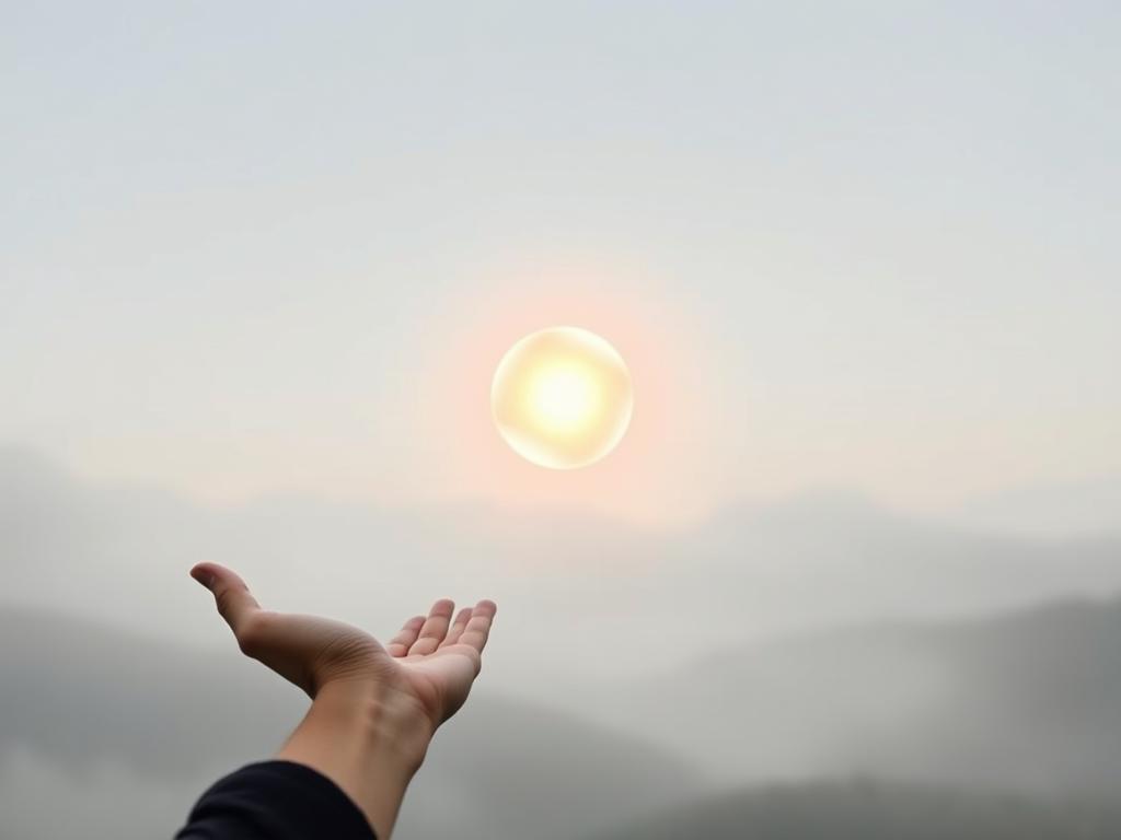 Reichtum durch Gedanken manifestieren 4 A serene, minimalist composition depicting the essence of emotional intelligence. In the foreground, a pair of hands reach outward, palms open, symbolizing empathy and connection. The middle ground features a glowing, translucent sphere, radiating a soft, warm light - a metaphor for self-awareness and inner harmony. The background is a tranquil, mist-shrouded landscape, conveying a sense of balance and introspection. Diffused natural lighting casts a contemplative atmosphere, while a medium-wide angle lens captures the scene with a sense of depth and perspective. The overall mood is one of introspection, emotional resilience, and the power of thoughtful introspection to manifest abundance.