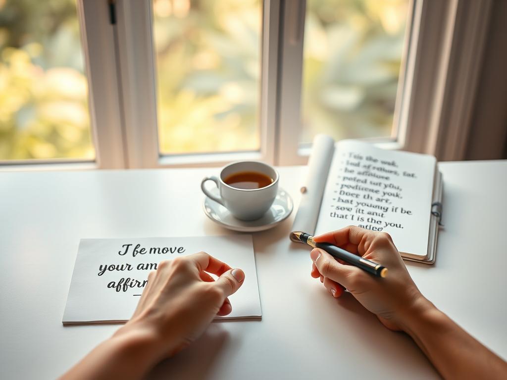 Positives Denken: Affirmationen Psychologie für Dich 3 A serene, minimalist composition depicting various positive affirmation techniques. The foreground features a human hand writing a motivational affirmation on a clean, white surface, using a high-quality calligraphic pen. The middle ground showcases an open notebook displaying other handwritten affirmations, along with a cup of tea or coffee, symbolizing a moment of mindfulness and reflection. The background is a softly blurred, natural setting, perhaps a window overlooking a tranquil garden, infusing the scene with a sense of calm and optimism. The lighting is warm and gentle, enhancing the meditative atmosphere. The overall composition conveys a peaceful, introspective mood, inviting the viewer to engage with the power of positive self-talk.