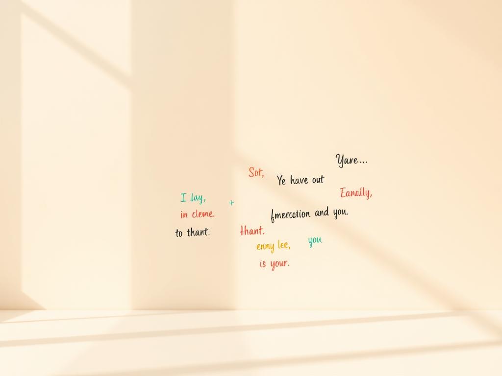 Entfessle Dein Unterbewusstsein: Psychologie-Tipps 3 A serene, minimalist composition showcasing positive affirmations. In the foreground, a collection of colorful, handwritten affirmations float gracefully, cast in warm, natural lighting. The middle ground features a tranquil, pastel-toned background, perhaps a soft gradient or subtle textures, creating a calming, meditative atmosphere. The overall mood is one of introspection, self-reflection, and inner empowerment. The image conveys a sense of personal growth, harmony, and the transformative power of positive self-talk.