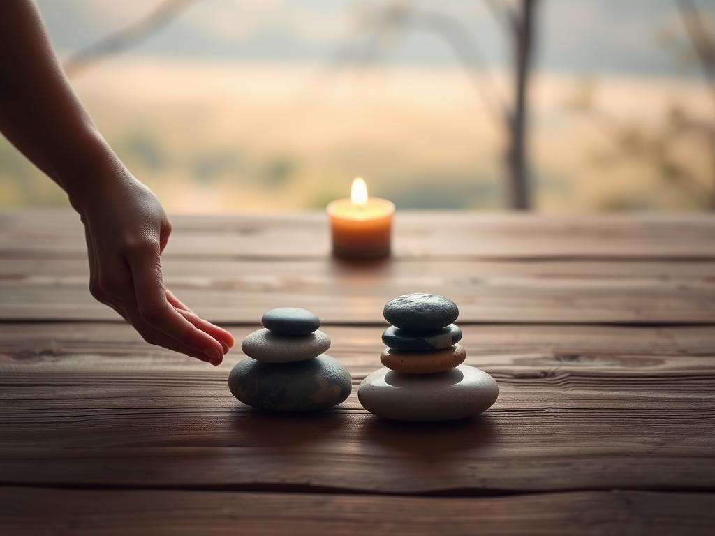 Stärke Dein Füllebewusstsein für ein reiches Leben 3 A serene, minimalist composition showcasing the practical steps towards mindful living. In the foreground, a pair of hands gently arranging smooth river stones in a Zen-inspired pattern, conveying a sense of focused calmness. The middle ground features a simple wooden table, with a single candle flickering softly, casting a warm, meditative glow. In the background, a softly blurred natural landscape - perhaps a tranquil forest or meadow - hints at the harmony between the inner and outer worlds. Muted tones of earth, wood, and flame create a soothing, grounded aesthetic. The overall scene evokes a sense of intentionality, simplicity, and a journey towards greater self-awareness and fulfillment.