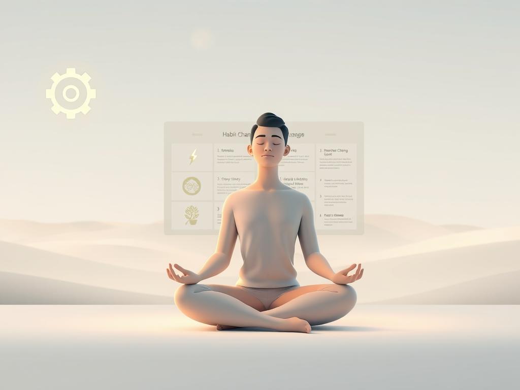 Gewohnheiten verändern Anleitung – Starte Jetzt! 2 A serene, minimalist illustration depicting techniques for habit change. In the foreground, a person sits cross-legged, eyes closed, hands in a meditative gesture, surrounded by glowing visual cues representing different strategies - a gear, a lightning bolt, a growing plant. The middle ground features a stylized chart or diagram displaying step-by-step habit-changing methods, rendered in a muted color palette. The background shows a tranquil, abstract landscape with soft, diffused lighting, conveying a sense of focus, balance, and self-improvement. Rendered in a clean, elegant 3D style with a slight depth-of-field effect.