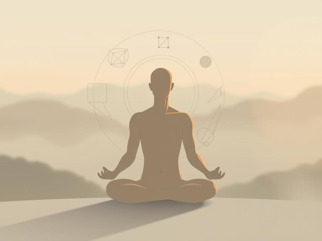 Mentale Stärke trainieren: Ihr Weg zu innerer Kraft 1 A serene, minimalist illustration depicting the concept of "mental strength". In the foreground, a human figure sits in a meditative pose, radiating an aura of focus and inner calm. The figure is rendered in a soft, muted color palette, emphasizing the introspective nature of mental fortitude. In the middle ground, abstract geometric shapes and patterns swirl around the figure, symbolizing the cognitive processes and mental discipline required to cultivate this strength. The background is a softly blurred, atmospheric landscape, conveying a sense of tranquility and expansiveness. The lighting is soft and diffused, creating a contemplative, almost ethereal mood. The composition is well-balanced, drawing the viewer's attention to the central figure and the intangible qualities of mental resilience.