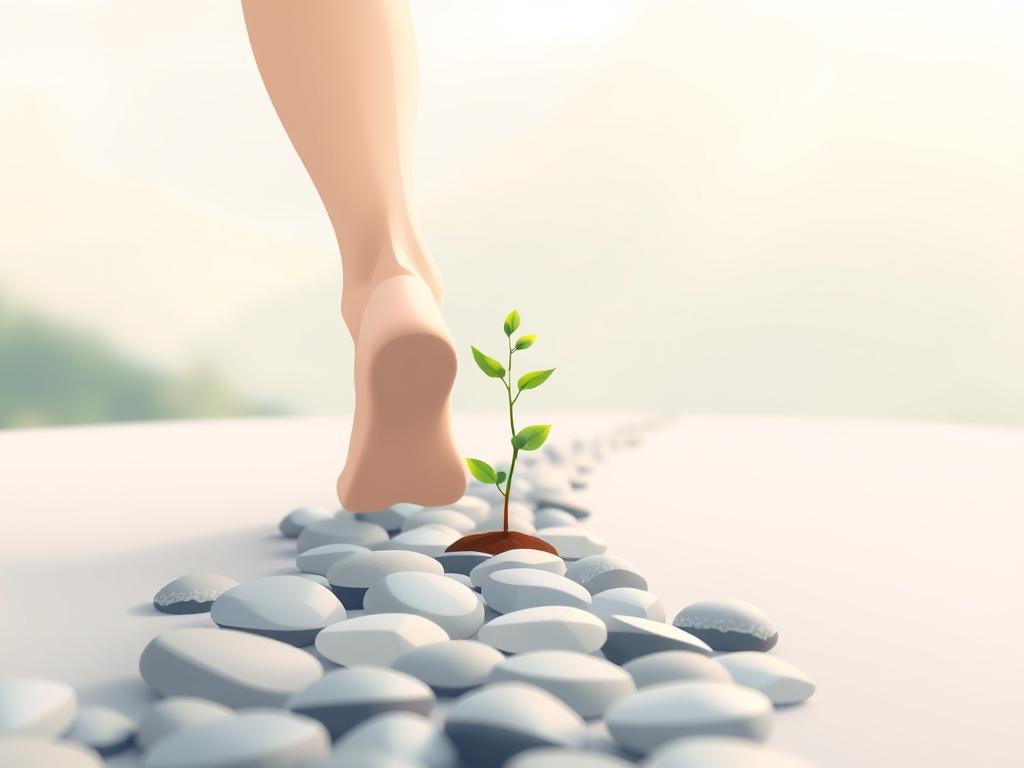 Gewohnheiten verändern Anleitung – Starte Jetzt! 1 A serene, minimalist illustration showcasing the initial steps towards habit change. In the foreground, a person's feet walking on a path made of smooth pebbles, symbolizing the start of a transformative journey. The middle ground features a small sapling sprouting, representing new growth and the nurturing of healthier habits. The background is a softly blurred natural landscape, evoking a sense of tranquility and possibility. Soft, diffused lighting casts a warm, encouraging glow, guiding the viewer through this first stage of personal evolution. The overall mood is one of simplicity, hope and a gentle invitation to take the first crucial steps.