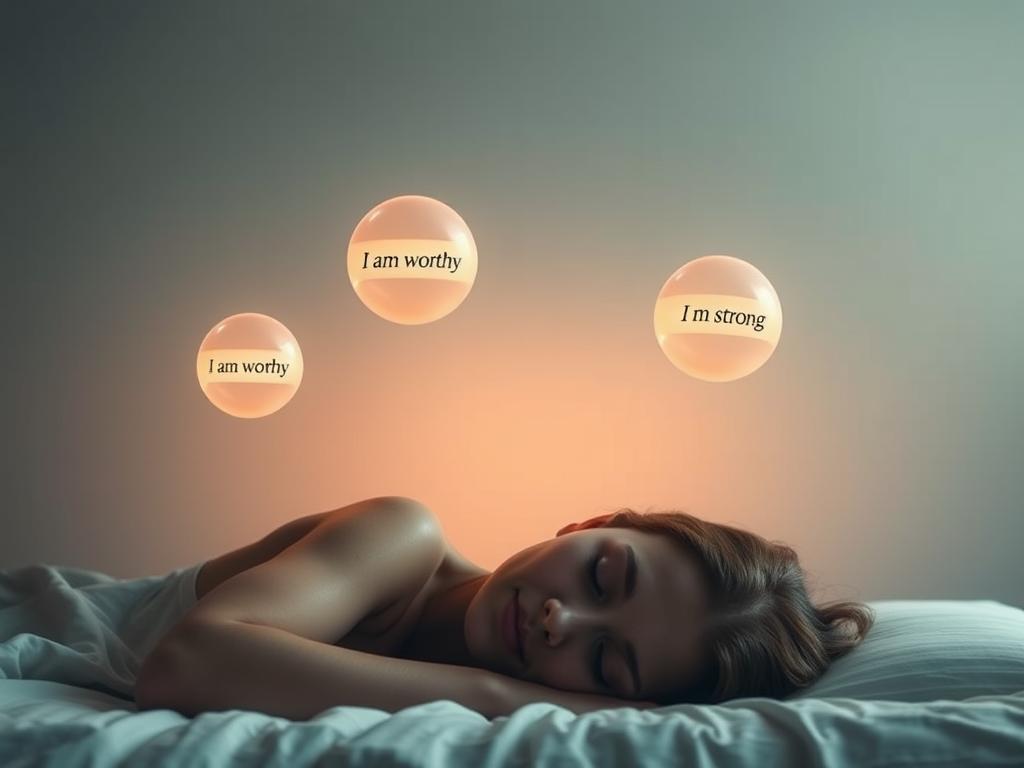A serene, minimalist scene depicting positive affirmations floating gently in the air above a sleeping figure. The foreground features a person resting peacefully, their face relaxed and calm. Soft, glowing orbs of text hover above them, conveying empowering messages like "I am worthy" and "I am strong." The middle ground has a tranquil, dreamlike quality, with muted colors and a sense of expansiveness. The background features a subtle, atmospheric gradient, evoking a restful, restorative sleep environment. Warm, diffused lighting casts a soothing glow, creating an overall mood of inner transformation and subconscious reprogramming.