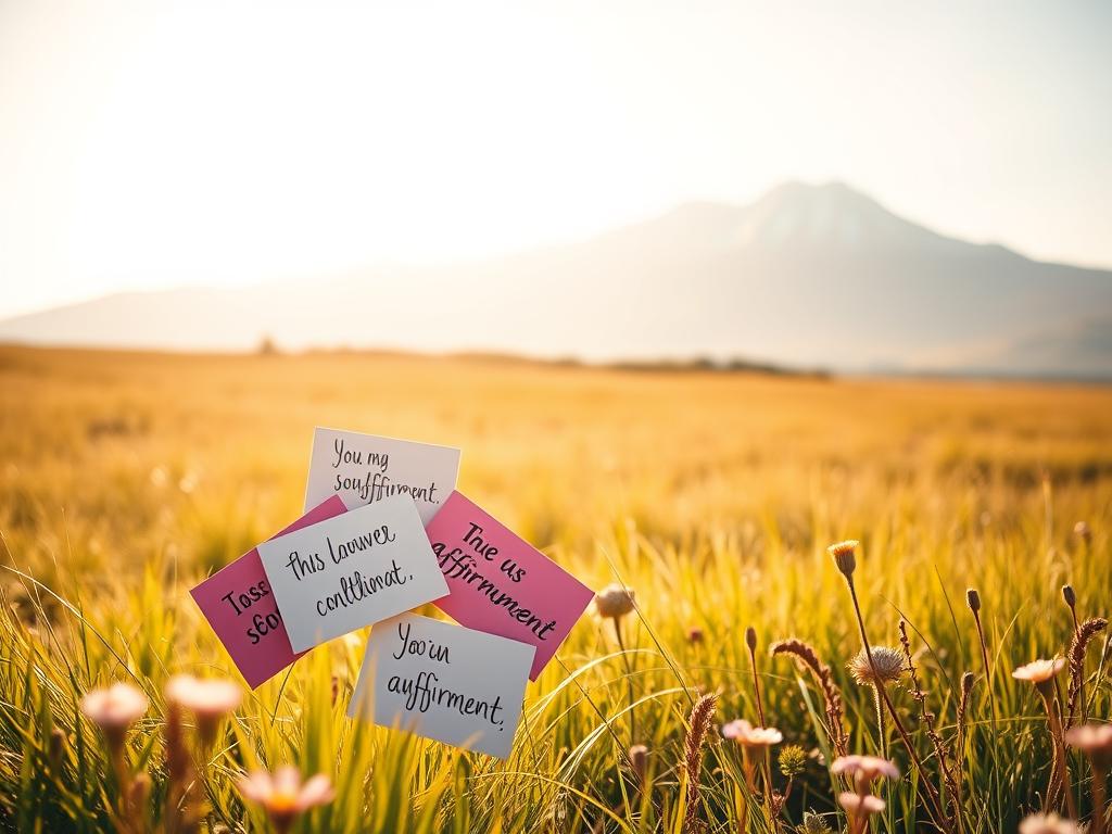 Erfolgreich Reichtum visualisieren lernen – So geht’s! 4 A serene, minimalist scene depicting the power of positive affirmations. In the foreground, a cluster of colorful, handwritten affirmation cards float gently, their uplifting messages illuminated by soft, golden lighting. The middle ground features a tranquil, sun-dappled meadow, with lush grasses and wildflowers swaying in a gentle breeze. In the background, a majestic, snow-capped mountain range rises, symbolizing the boundless potential we can unlock through the practice of positive self-talk. The overall mood is one of calm, inspiration, and the inviting promise of personal growth and abundance.