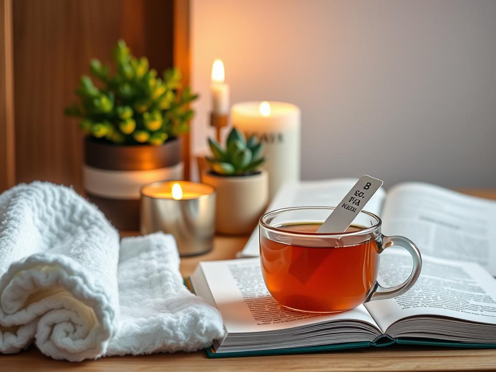 Selbstfürsorge in Beziehungen: Schlüssel zum Glück 2 A serene, minimalist still life scene depicting a selection of self-care items. In the foreground, a soft white towel, a ceramic mug filled with a steaming herbal tea, and a open book with a meditation bookmark peeking out. The middle ground features a potted succulent plant, its lush green leaves catching the warm, diffused lighting. In the background, a simple wooden table or shelf, with a softly glowing candle and a vase of fresh flowers adding a touch of natural beauty. The overall atmosphere is one of tranquility, inviting the viewer to pause, reflect, and practice mindful self-care.