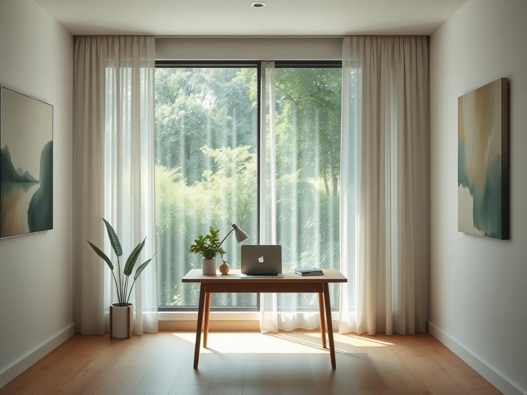 Erfolgsfrequenz erhöhen: Der Schlüssel zu Ihrem Erfolg 2 A serene, minimalist study with a large window overlooking a lush, verdant garden. The room is bathed in soft, natural light that filters through sheer curtains, creating a calming, introspective atmosphere. In the center, a simple wooden desk with a laptop, a potted plant, and a few carefully curated office supplies. The walls are adorned with abstract paintings in muted tones, evoking a sense of tranquility and focus. The overall composition exudes a sense of order, balance, and a quiet confidence, inviting the viewer to engage in deep, productive work and contemplation.