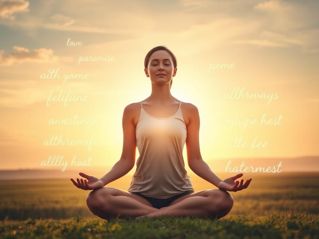A serene morning landscape with a person sitting in a yoga pose, surrounded by glowing, translucent affirmation phrases floating in the air. The person is bathed in warm, golden light, their face reflecting a sense of inner peace and positivity. The background features a pastel-hued sky with wispy clouds, and a lush, verdant field in the distance. The composition is balanced and calming, conveying the power and importance of positive affirmations for a good start to the day.