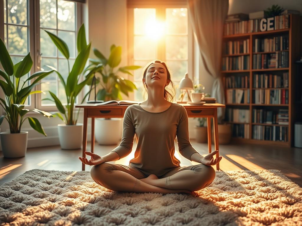 Erwecke Dein Potenzial mit positiven Affirmationen am Morgen 2 A serene morning scene, bathed in warm, golden light filtering through large windows. In the foreground, a person sits cross-legged on a plush, tufted rug, eyes closed in deep meditation, exuding a sense of tranquility and focus. Behind them, a neatly organized desk with a notebook, pen, and a cup of steaming tea, symbolizing the organized, intentional start to the day. In the background, lush, verdant plants and a bookshelf filled with inspirational titles, creating a soothing, nurturing environment. The overall composition conveys a feeling of harmony, clarity, and the power of a mindful morning routine.