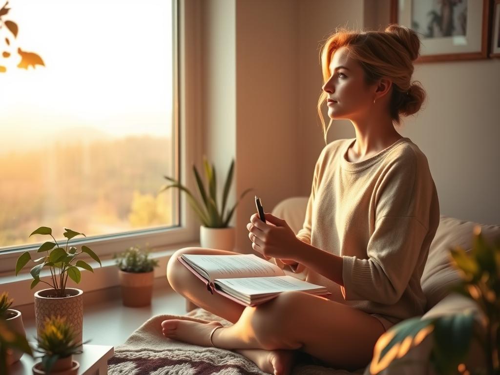 A serene morning scene with a woman sitting cross-legged on a cozy window seat, gazing out at the soft, golden light of dawn. She holds a journal open in her lap, pen in hand, as she speaks aloud her daily affirmations. The room is bathed in a warm, natural glow, with plants and calming decor creating a peaceful, minimalist atmosphere. The woman's expression is calm and focused, her posture relaxed yet intentional. Through the large window, a picturesque landscape of rolling hills and a distant forest can be seen, adding to the tranquil ambiance. A sense of quiet contemplation and self-care permeates the scene.